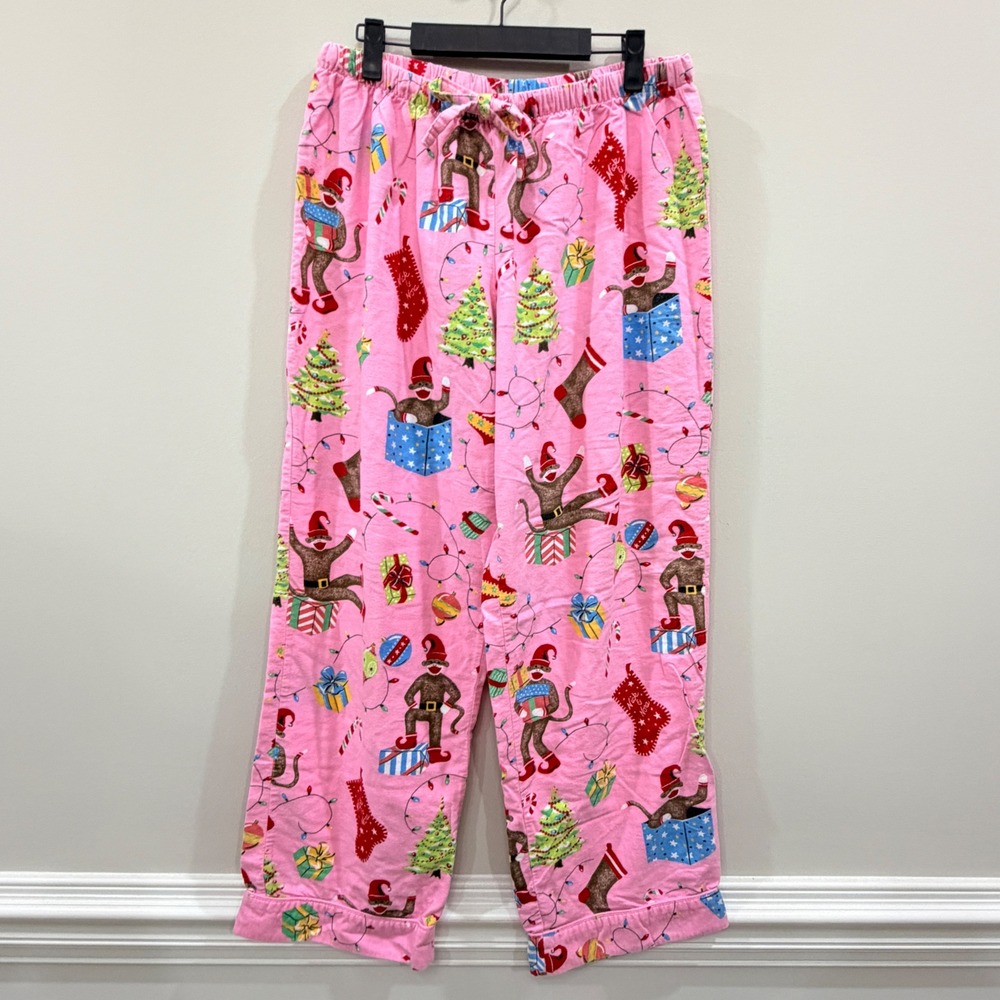 Nick & Nora Womens L Pajama Pants Pink Flannel Sock Monkey Christmas Holiday